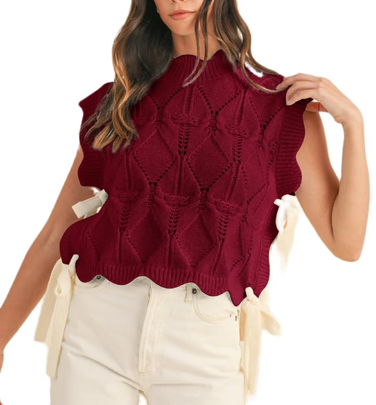 NUFIWI Womens Y2K Ribbon Bow Sweater Vest Chunky Cap Sleeve Knit Vest with Bows Casual Lace Up Bandage