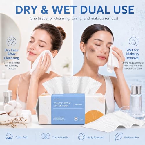 Image of PoeticEHome Soft Dry Wipe 6 Pack, 100% Cotton Face Tissues, Lint Free Facial Cleansing Towels Disposable, Extra Thick Dry and Wet Use for Sensitive Skin, Makeup Removing, Surface Cleaning (600 Count)