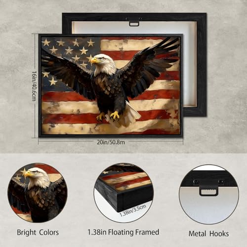 Image of American Flag Framed Canvas Wall Art, 4th of July Red White Blue Canvas Prints, USA Flag with Bald Eagle Patriotic Decorations, Vintage Independence Day Wall Decor for Bedroom Living Room 16x20
