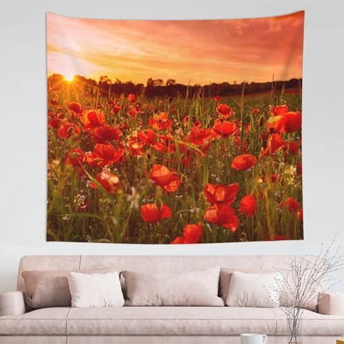 Tapisserie imprimée champ de fleurs coucher de soleil idée cadeau maison