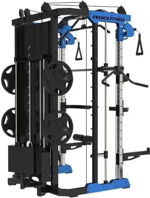 French Fitness FSR60 Functional Smith & Squat Rack Home Gym – Heavy-Duty All-in-One Machine with Smith Bar, Squat Rack, LAT Pulldown, Pull-Up Bar