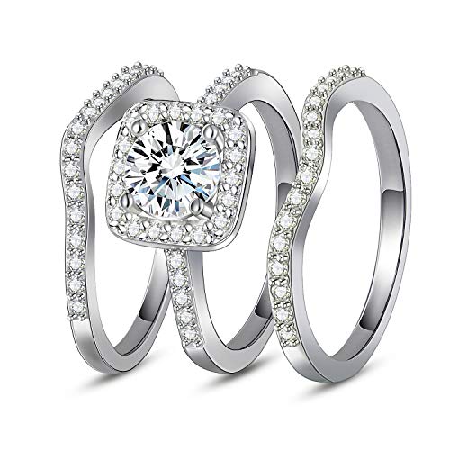 MDFUN 18K White Gold Plated Cubic Zirconia Three-in-One Halo Wedding Engagement Promise Eternity Ring for Women (10)