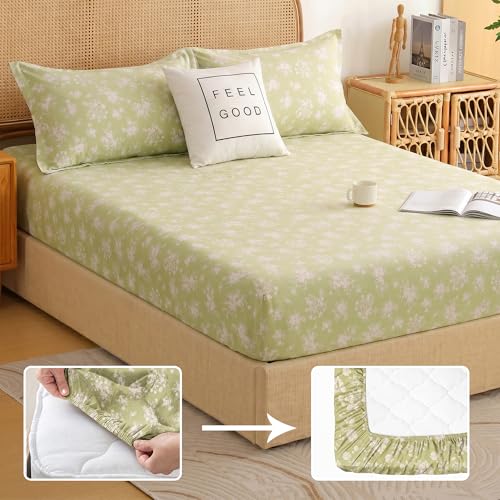 Image of Story@Home King Size Air Cotton Bedsheet 240 TC Fitted Sheet with 2 Pillow Covers, Soft & Durable Bed Sheet for King Bed (270 x 250 cm, Floral Print, Green & White)
