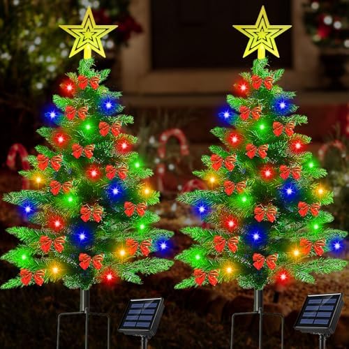 Transform Your Holidays with These Solar Powered Outdoor Christmas Trees 3 2 Pack 3.6Ft Solar Christmas Tree for Christmas Decorations Outdoor, 100 LED Xmas Tree with 36 Pcs Christmas Ornaments, Solar Pathway Lights for Garden Yard Porch Cemetery Grave Decor