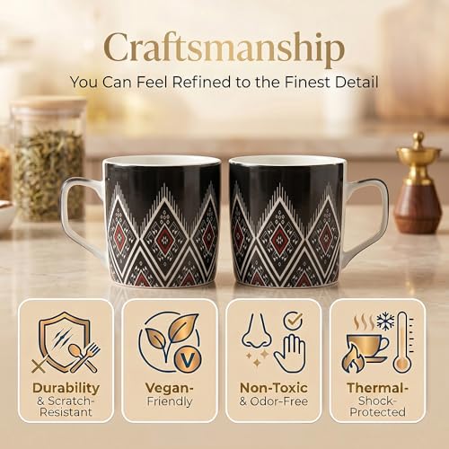 Image of UPC Coffee Mug Set of 6 | Black Aztec Geometric Print | Red & White Tribal Pattern Tea & Coffee Cups | Bone China | Microwave Safe | Home & Kitchen