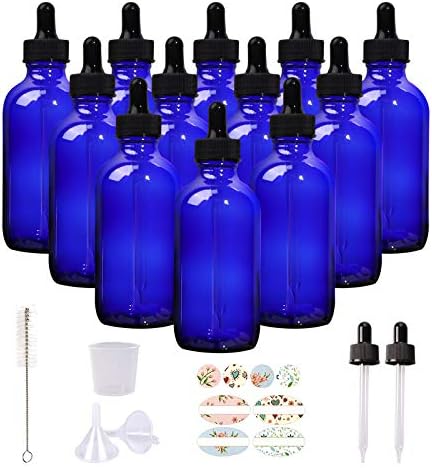 HWASHIN 12 Pack 4oz Cobalt Blue Glass Bottles with Glass Eye Droppers for Essential Oils, Perfumes & Lab Chemicals (Brush, Funnels, 2 Extra Droppers, 24 Pcs Labels & 30ml Measuring Cup Included)