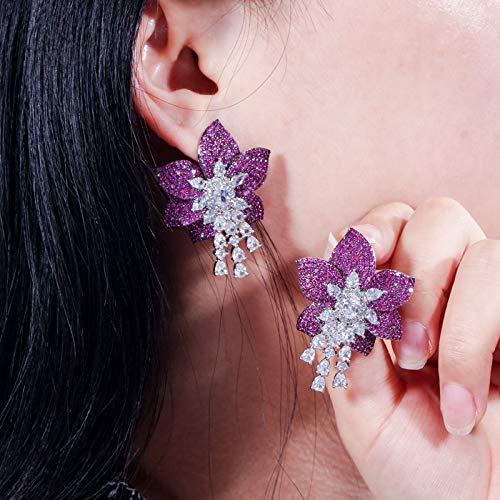Boucles d'oreilles 925 anti-allergie avec grand zircon rose rouge géométrique