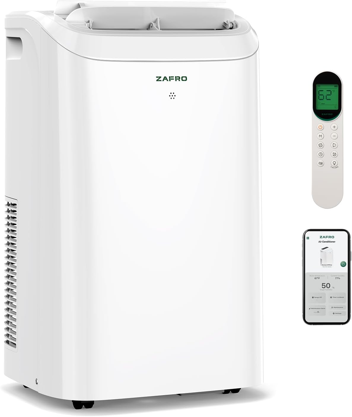 Product image of ZAFRO 14,000 BTU (10000 BTU SACC) Portable Air Conditioners with WiFi APP Control, 46dB, R32 Eco-Friendly,Fast Cooling in 30s, No Drainage Needed, Filter Cleaning Reminder, 360° Wheels for Home/Office