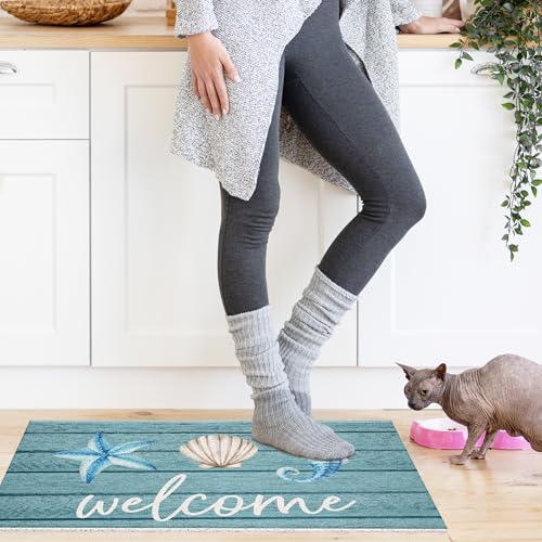 Jvpke Beach Welcome Mat for Front Door, Beach Door Mat, Starfish Seashell Seahorse Beachy Door Mats Indoor Outdoor Entrance Porch, Ocean Beachy Baths Mats for Bathroom, 17x30 Inches - Image 5