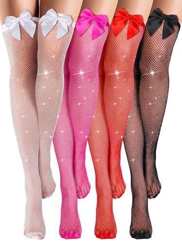 4 Pairs Women Fishnets Thigh High Stockings with Satin Bow Sparkly Rhinestone Fishnets Tights Pantyhose Hosiery