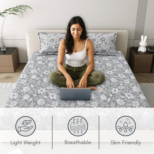 Image of Mafatlal 186 Tc Corsica Cotton Bedsheet King Size | 274 X 274 Cm | Modern Kidakka Virippu for Summer Nights | Pure Cotton Bedding for Comfortable Sleep | Profile Grey