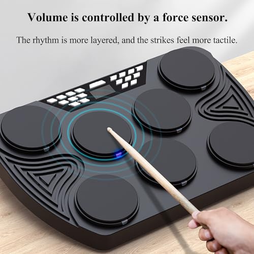 Kit de batería electrónica con 7 almohadillas sensibles a la velocidad, altavoces estéreo integrados e iluminación inteligente para principiantes
