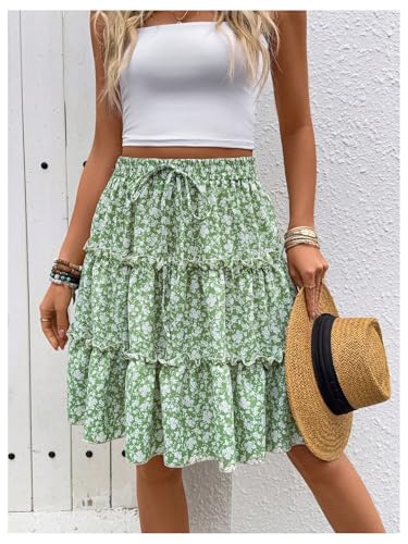 Women's Floral Ruffle Layered A Line Skirts Drawstring Waist Frill Boho Flowy Short Skirt4