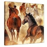 Artistic drawing of a herd of horses running gold background 28x28in canvas wall art stretched on wo