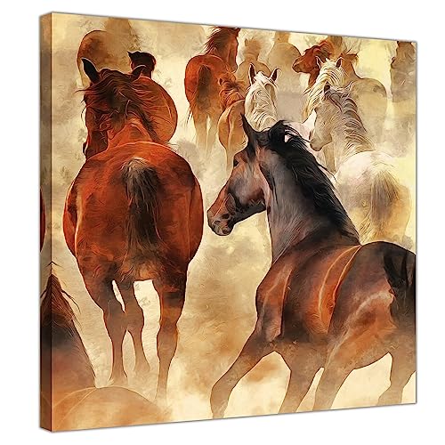 Artistic Drawing Of A Herd Of Horses Running Gold Background 28X28In Canvas Wall Art Stretched On Wood Frame With Backboard Support #TOP22