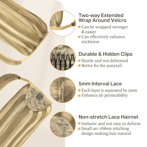 Queue de cheval blond clair extensions cheveux humains lisses raides enrouler 35cm - 3