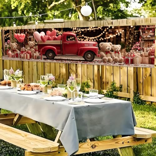 Image of Valentine Banner 78.74 x 17.72 Inch Red Pickup Truck with Teddy Bears Hearts and Gifts Romantic Festive Scene for Porch Sign Hanging Decoration Valentine Party Display