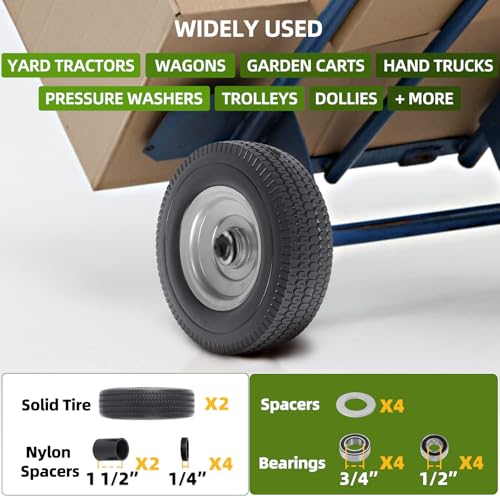 ar-pro 2-pack 10-inch solid wheel replacement - 410350-4 flat free tire and wheel with 58 extra 34 amp12 bearings and 22534 offset hub - compatible with hand truck generator gorilla carts