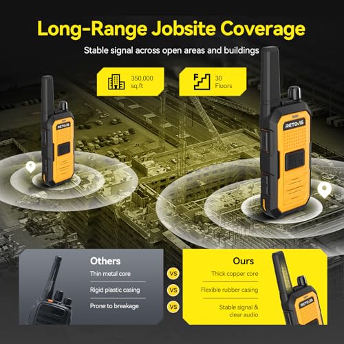 Image of Retevis RB48A IP67 Waterproof Walkie Talkies Long Range Adults, Heavy Duty 2 Way Radio, Noise Reduction, Large PTT, 1000mW Speaker, 23-Hour, Rechargeable, for Manufacturing Construction (10 Pack)