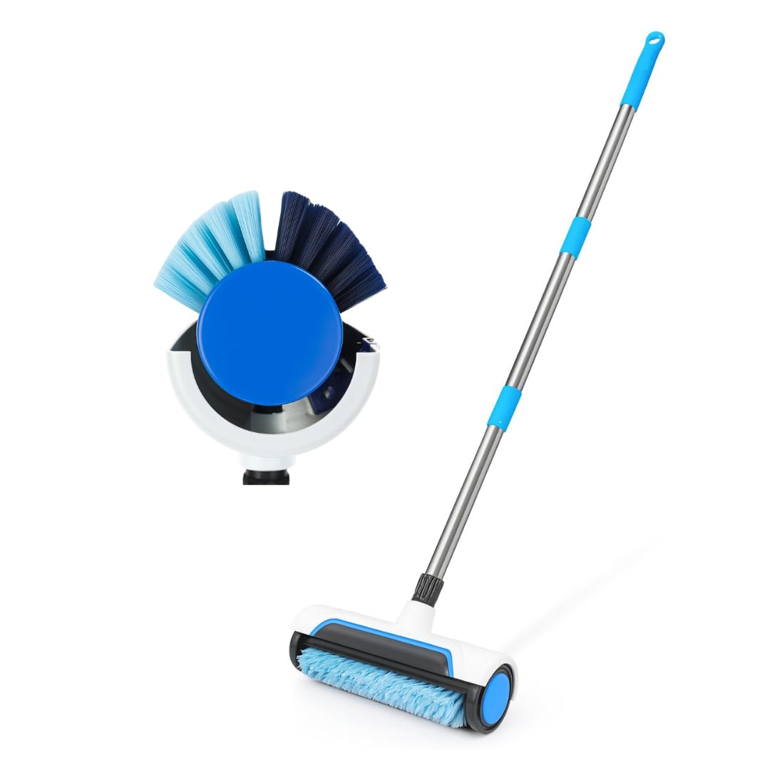 Rug & Carpet Cleaner Refresher Brush, Long Handle Manual Carpet Cleaning Tool, Dual Bristle Head, Blue, for Spills, Stains & Dirt