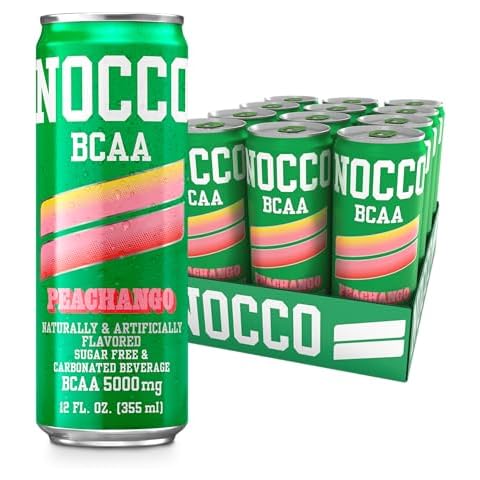 NOCCO BCAA Drink Peachango Caffeine Free - 12 Fl Oz (Pack of 12) - 0mg of Caffeine, 5000mg of BCAAs - Sugar Free & Low Calorie Carbonated Drink with Vitamin B6, B12, & Biotin - Grab & Go Performance Drink Cover