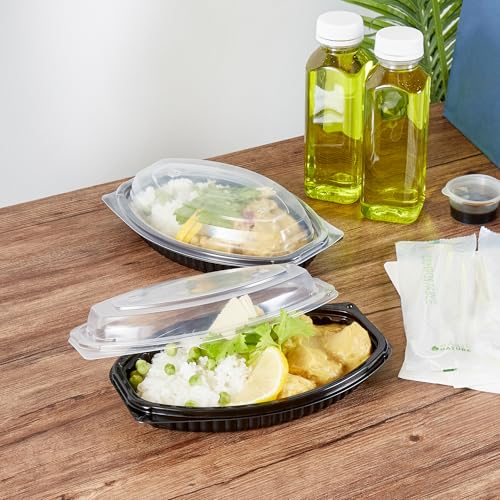 Image of Restaurantware-RW Base 12 Ounce Meal Prep Containers, 100 Microwavable To Go Containers With Lids - Disposable, Freezable, Black Plastic Oval Food Containers, Pack Hot And Cold Food, For Takeaway