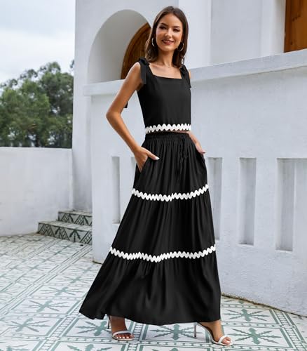 Image of ETOSELL Womens Two Piece Skirt Set 2024 Summer Sets Tie Up Sleeveless Tank Top Maxi Skirt Casual Beach Cruise Vacation Dresses Outfits with Pockets, Small