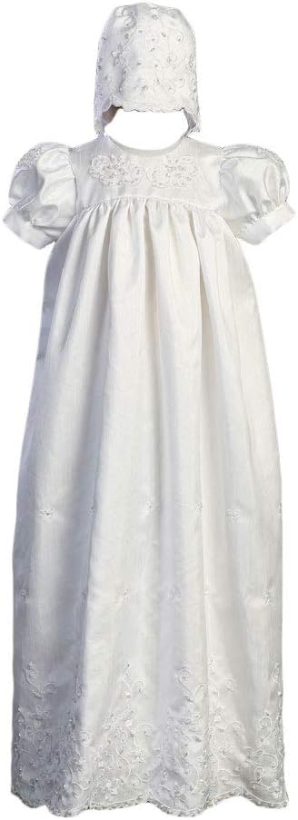 Long White Embroidered Shantung Christening Baptism Gown with Matching Bonnet