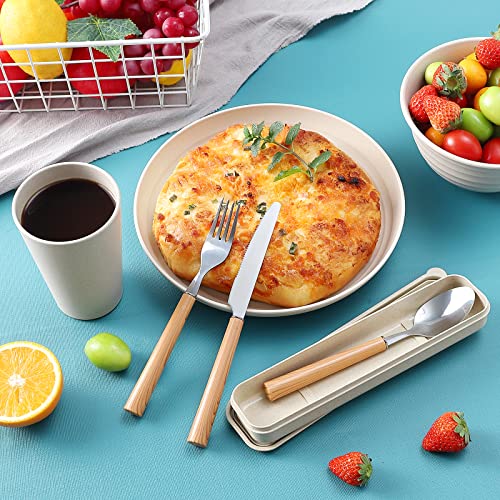 Wwyybfk 28Pcs Wheat Straw Dinnerware Sets Stainless Steel Cutlery Adult Set / 4 Large Plates, Bowls, Cups (16Oz), Microwave & Dishwasher Safe #TOP5
