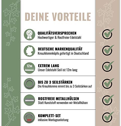 blumanda Rankhilfe Edelstahl-Komplettset Seilsystem, 8 Bolzen und 12m Drahtseil (3mm V4A) für Kletterpflanzen wie Rosen, Clematis, Blauregen, Weinreben (8 Halter, 12m, Zubehör)