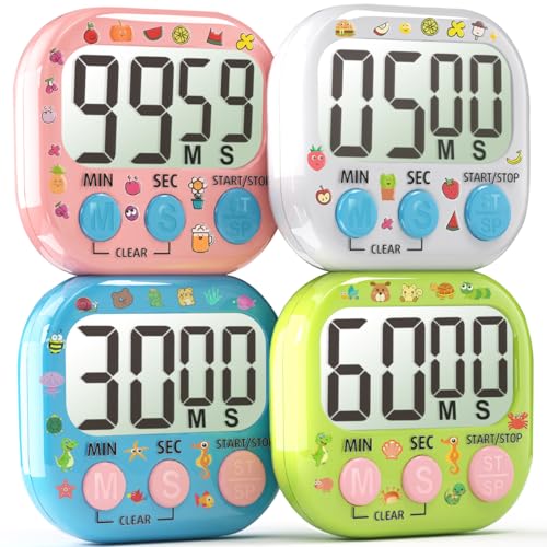 Acomingwin 4 Stück Eieruhr Digitaler Timer mit Stoppuhr Kinder, Küchentimer für Kochen Sport Klassenzimmer Lernen- Lauter Alarm