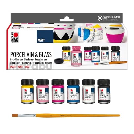 Marabu 1116000000087-Porcelana Starter Set Mate al Agua para Porcelana y Vidrio, Apta para lavavajillas sin Hornear, 6 x 15 ml de Pintura y Pinceles, Multicolor, One Size