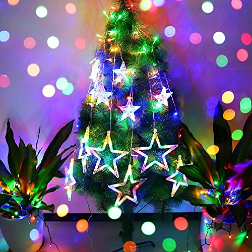 Image of URM Star Curtain Light | 6 Big Star 6 Small Star Light | with 8 Flashing Modes | 12 Stars | Warm White | for Indoor & Outdoor Decorations (Multicolor, Pack of 1)
