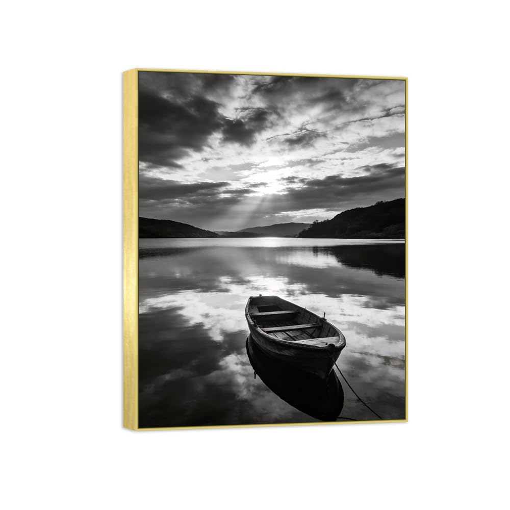OZPWBVY Lake Boat 6 Black White Landscape Canvas Picture 50x65cm Gold Frame