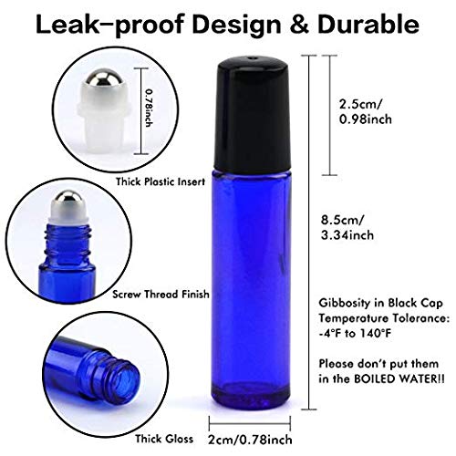 Glass Roller Bottles, 24 Pack 10 ml Cobalt Blue Essential Oil Roller Bottles with Stainless Steel Roller Balls (3 Dropper, 6 Extra Roller Balls, 2 Bottle Opener)