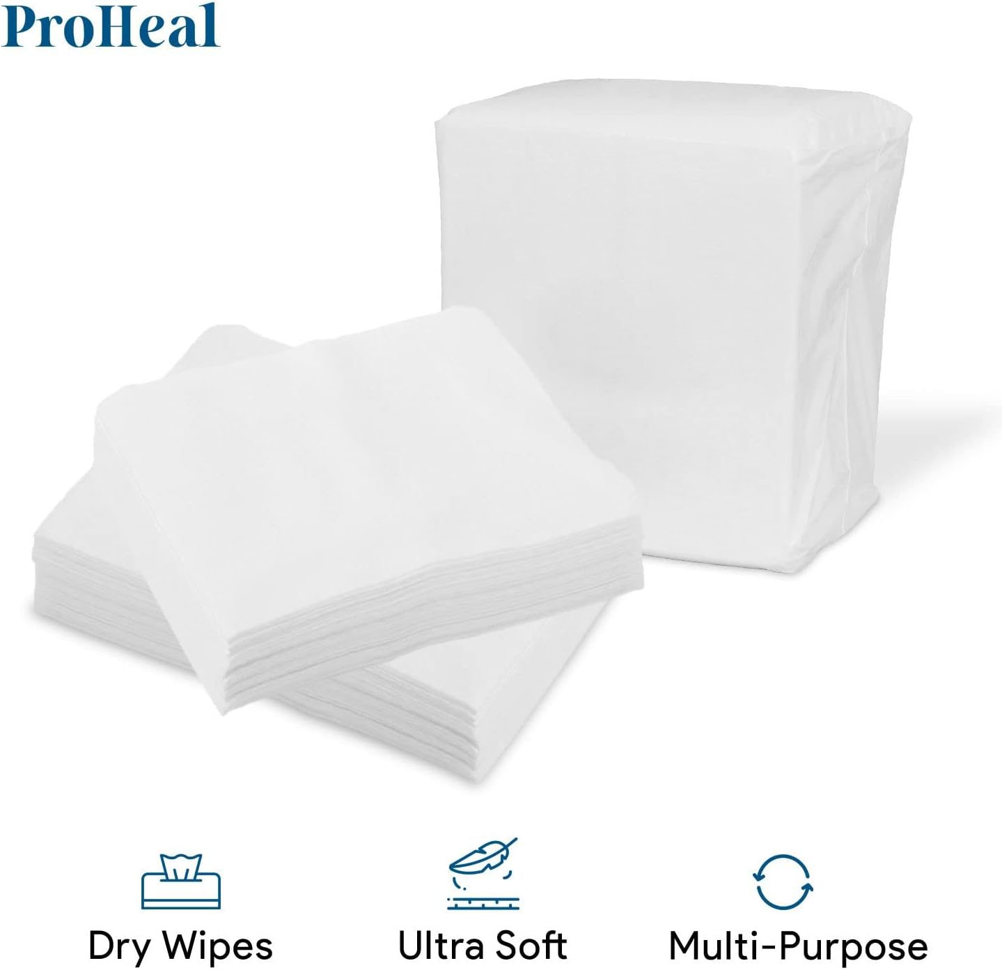 ProHeal Disposable Dry Wipes, 50 Pack – Ultra Soft Non-Moistened Cleansing Cloths for Adults, Incontinence, Baby Care, Face Makeup Removal – 9.5" x 13.5" - Hospital Grade, Durable –