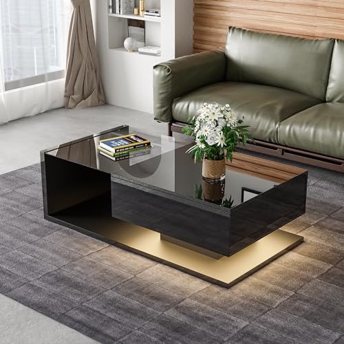 Merax Wohnzimmertisch, LED Couchtisch mit Schubladen, Hochglanz Kaffeetisch mit Stauraum, Modern Coffee Table, 105L x 55B x 32,5H...