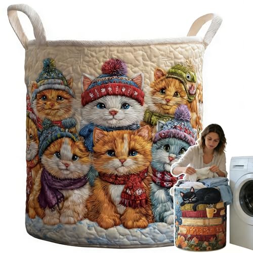 Image of Cat Quilted Laundry Basket - 18 inch /22 inch /28 inch, 2026 Large Quilted Cat Laundry Basket with Handles, Cozy Cat Fabric Storage Hamper for Nursery, Bedroom, Laundry Room, Clothes & Toys (4, L 20 inchX28 inch)