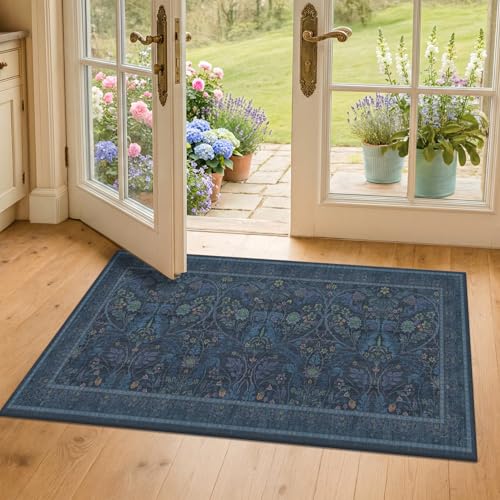 Washable 2x4 Entryway Rugs, Oriental Floral Small Blue Kitchen Rugs, Thin Bathroom Rugs Fit Under Door, Low Pile & Soft Carpet for Mudroom, Bedside 2' x 4' (Rectangular) Dark Blue