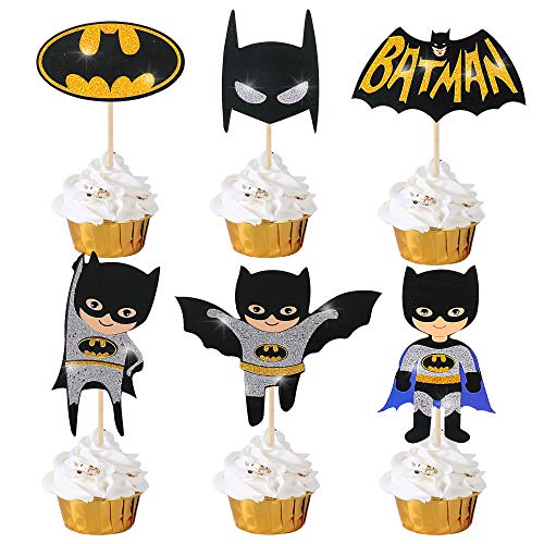 Batman Birthday Supplies Cupcake Toppers Batman Theme Party Glitter Decorations for Kids Birthday Super Hero Theme Party Baby Shower Favor Supplies Set of 24 Double-sided Printing