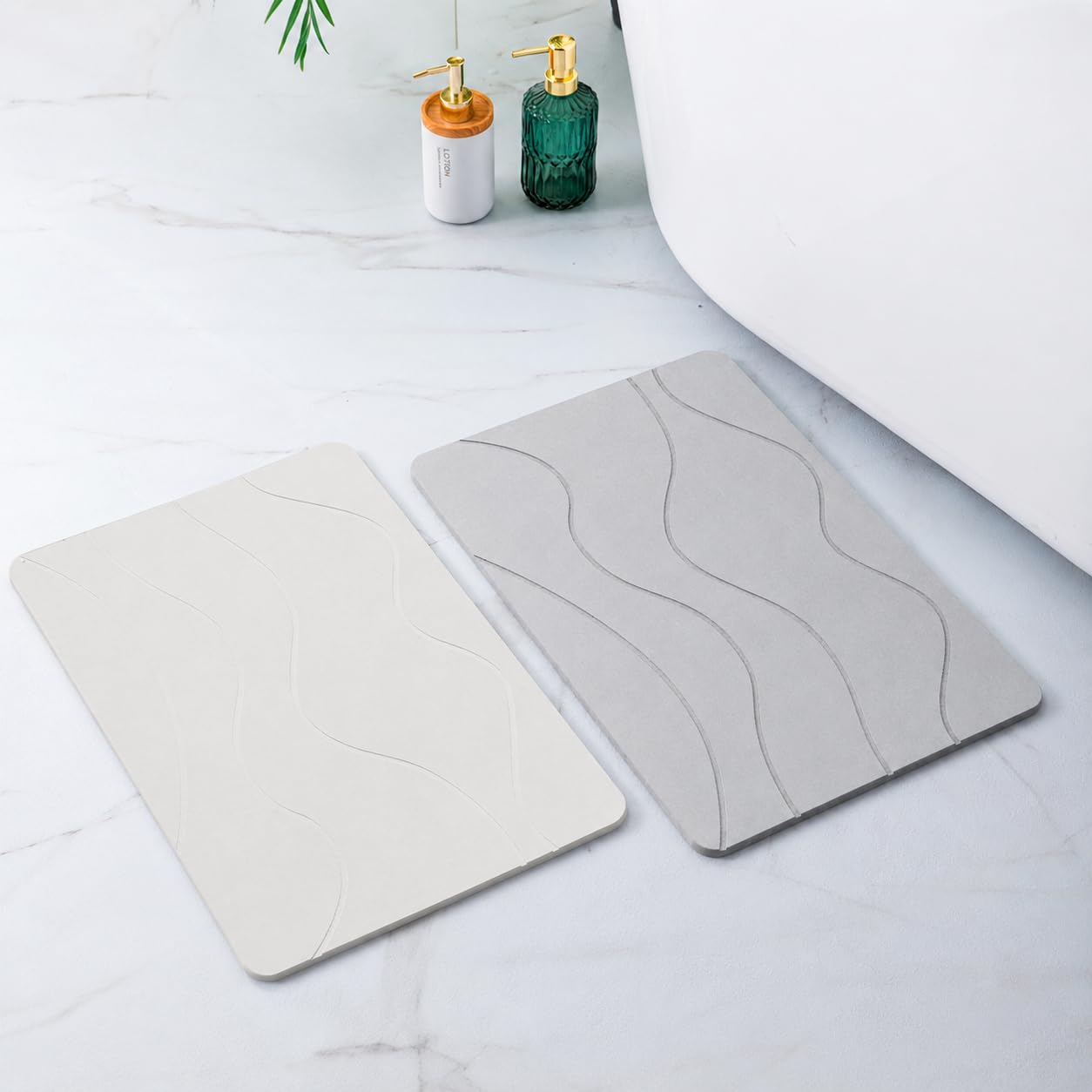 Pure 4Home Pack de 2 Alfombras de Diatomita para Baño 60x40 - Diseños Grey Waves y Diat White, Alfombrilla de Piedra Super Absorbente, Secado Rápido y Antideslizante