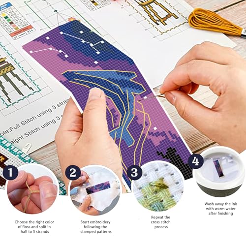 Image of FREEBLOSS 6 Set Cross Stitch Bookmark Kit Starry Sky Theme Stamped Cross Stitch Kit 11CT Embroidery Kits with Instructions for Beginners Adult 20x6cm /8x2.4inch