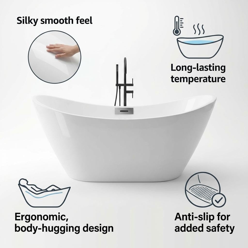67" Acrylic Freestanding Bathtub, Modern Deep Soaking Tub, cUPC Certified Free Standing Tub, Chrome Drain/Overflow, White Acrylic, Sky White - Image 4