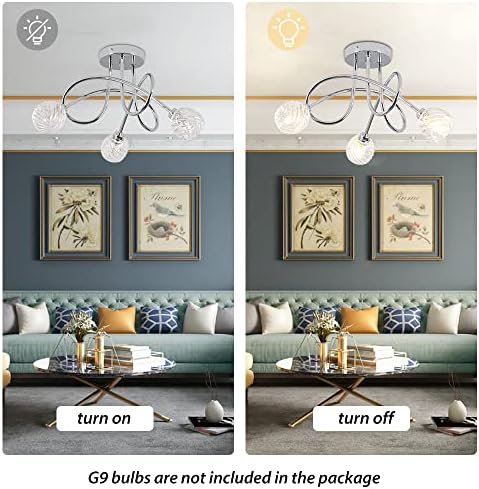 Elegant Ceiling Light 3 Way Curved Arm for Living Room Semi Flush Polished Chrome Chandelier Lighting Fixture with Swirled Glass Shades (G9 Bulbs Not Included)