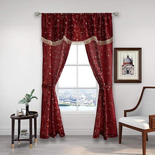 Floral Sheer Curtain Panel Set With Attached Valance Botanical Embroidery Taffeta- 2 Panels+1 Valance With Tassel And 2 Tiebacks For Bedroom Living Room (Rod Pocket, 27"×63" Curtain Panel, Red) #TOP9