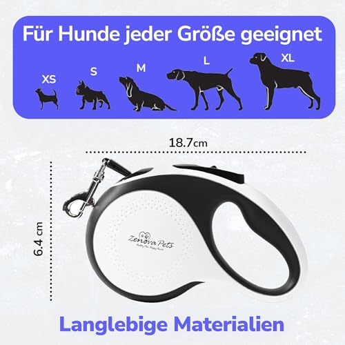 Zenova Pets Hundeleine 5 m – Rollleine mit Kotbeutelhalter – Ausziehleine für Hunde jeder Größe – Laufleine mit 360° Nylonband, Anti-Rutsch-Griff & Schnellbremsknopf – Leine für Hunde bis 30 kg