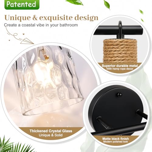Image of MOKATNG Bathroom Light Fixtures, 2-Light Coastal Vanity Lights with Crystal Glass Shade, Brown and Gold Bathroom Wall Lamp for Mirror Kitchen Hallway Cabinet