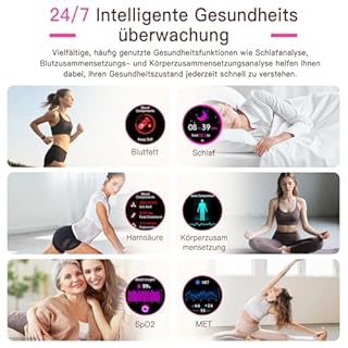 Lgnitek Smartwatch Damen mit EKG+HRV/BMI/Harnsäure, Rund 1,43" AMOLED Gesundheitsuhr mit 24H ΒΙυtdrυck Schlafmonitor Menstruationszyklus Fitness Tracker iOS Android, Schwarzes Milanaise-Armband