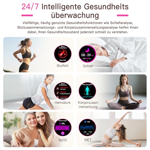 Smartwatch Damen mit EKG+HRV/BMI/Harnsäure/ΒΙυtｚυcker, Rund 1,43 AMOLED Gesundheitsuhr mit 24H ΒΙυtdrυck Schlafmonitor Menstruationszyklus Fitness Tracker iOS Android, Schwarzes Milanaise-Armband