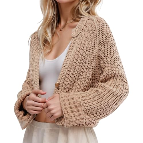 FindThy Women’s Cropped Cardigan Sweater V-Neck Long Sleeve Distressed Cable Knit Fall Outerwear Coat